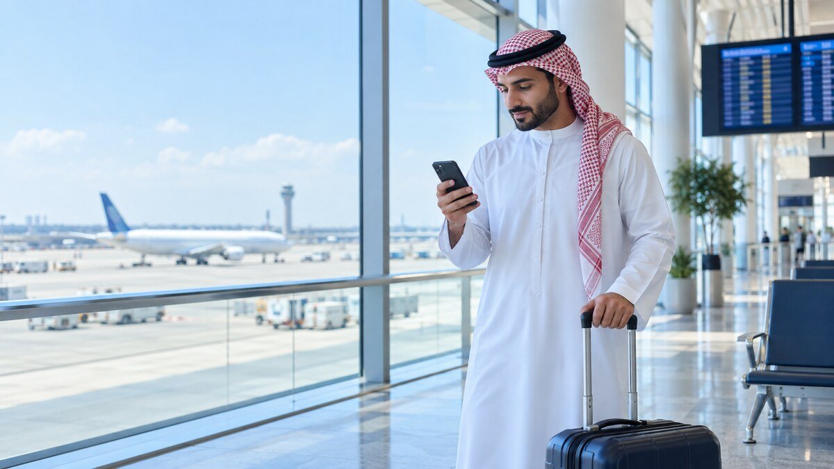 مسافر عربي يتابع تحديث رحلته في المطار